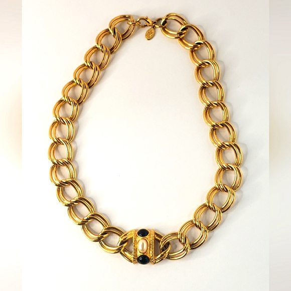 Vintage Signed Chunky Chain Double Link Collar Necklace with Pearl Accents - Picture 2 of 8